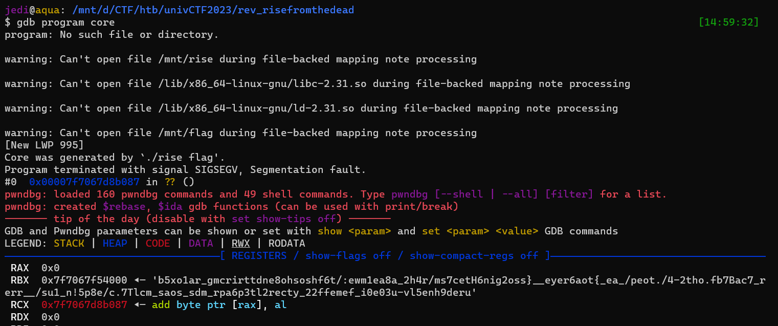 We open the program core with gdb